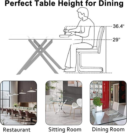 Henf 51in Glass Dining Table for 4 or 6, Rectangle Kitchen Table with X Shape Metal Legs, Tempered Glass Top Dining Room Table for 4