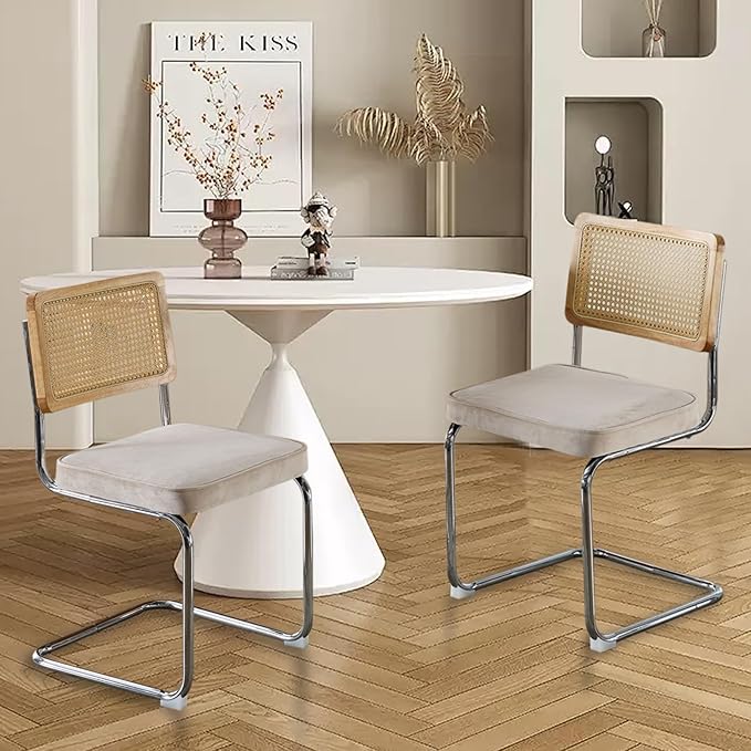Rattan Back Velvet Dining Chair Set of 6 Modern Breuer Designed Stainless Chrome Base Armless Upholstered Dining Chair for Dining Room, Kitchen Island(Beige)
