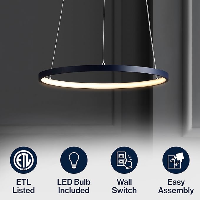 JONATHAN Y 15.75" Navy Modern Integrated LED Pendant Light, Dimmable Round Hoop Chandelier for Kitchen Island, Dining Room, Adjustable Height Metal Hanging Light (JYL7202F)