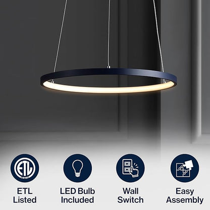 JONATHAN Y 15.75" Navy Modern Integrated LED Pendant Light, Dimmable Round Hoop Chandelier for Kitchen Island, Dining Room, Adjustable Height Metal Hanging Light (JYL7202F)