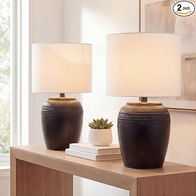 JONATHAN Y 16.75" Black/Nickel Ceramic Table Lamp Set of 2, Rustic Traditional Reeded Vase Lamps with White Linen Shade for Bedroom Living Room Decor JYL5707A-SET2