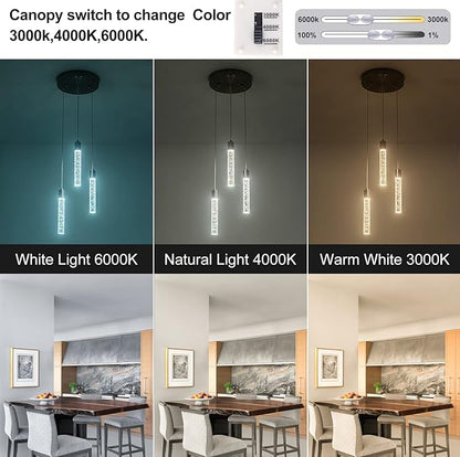 Modern Pendant 3 Light with Adjustable Height - Brushed Nickel & Clear Glass Cylinder Island Lights, 3000-6000K Dimmable Kitchen Pendant Lighting for Kitchen Island, Dining Room, Bar Counter