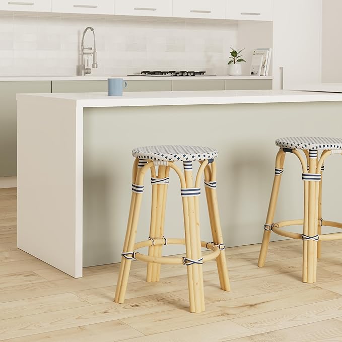 KOUBOO Bistro Backless Counter Stool, Handmade, Rattan, Kitchen Island Seating, Kitchen Stool, Boho Decor, White & Navy