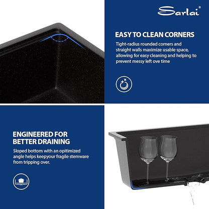 Sarlai Granite Composite Kitchen Sink - 28 Inch Black Undermount Kitchen Sink Ledge Workstation 28 x 19 Inch Matte Black Granite Quartz Composite Under-Mount Single Bowl Sinks Basin