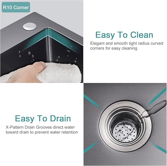 22x18 inch Drop in Kitchen Sink Black - Top mount Bar Sink Single Bowl, 9 inch Deep Stainless Steel Rv Sinks Handmade with Strainer