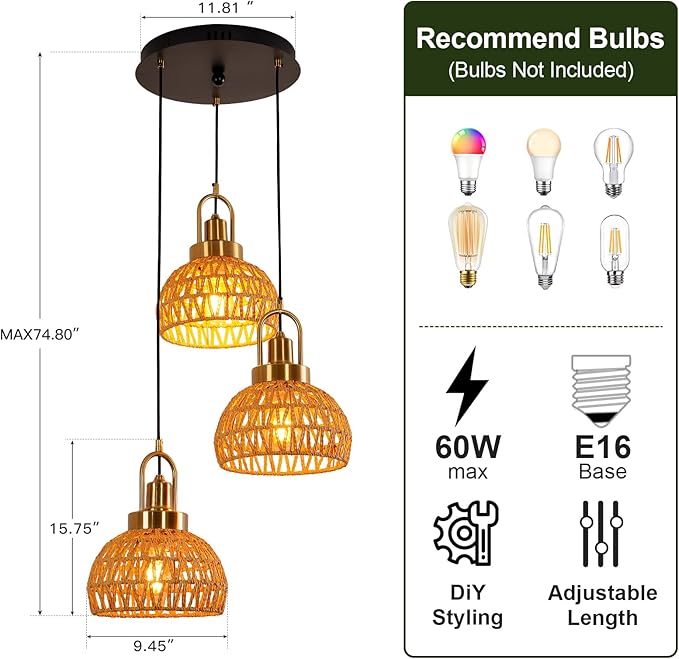 Modern Boho Gold Rattan Pendant Light 3-Lights Vintage Farmhouse Rattan Pendant Light Fixture Hand Woven Golden Bamboo Wicker Pendant Lights for Kitchen, Stairwell, Entryway, Living Room
