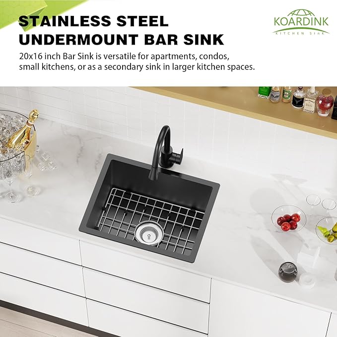Black Kitchen And Bar Sink, 20x16 Inch Stainless Steel Undermount Modern Single Bowl Kitchen And Bar Sink Combo-SS Grid,Silicon Mat,Drain Strainer Set Compatibility With Various Kitchen&Bar Style