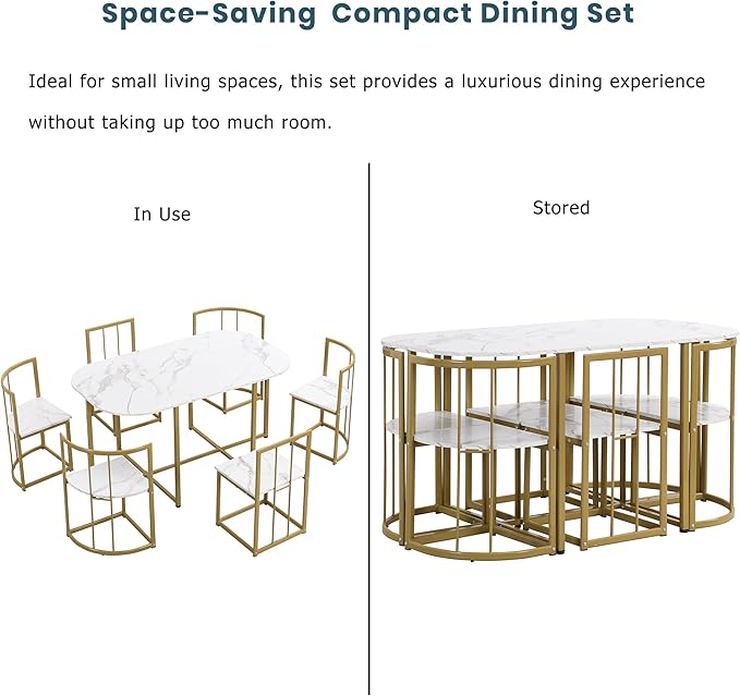 RuiSiSi Modern Dining Table Set for 6 Kitchen Table Set with 6 Dining Chairs and Faux Marble Tabletop for Kitchen, Dining Room, Small Space, Gold+White