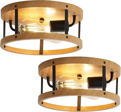 2-Pack Wood Finish Ceiling Light, Round Drum Close to Ceiling Light with Black Metal, Easy Assembled,11Inch Industrial Farmhouse Ceiling Lamp for Hallway Laundry Bedroom Balcony