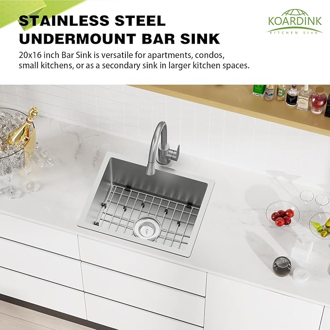 Kitchen And Bar Sink, 20x16 Inch Stainless Steel Undermount Modern Single Bowl Small Kitchen And Bar Sink Combo-SS Grid,Silicon Mat,Drain Strainer Set Compatibility With Various Kitchen&Bar Style