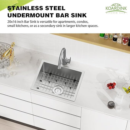 Kitchen And Bar Sink, 20x16 Inch Stainless Steel Undermount Modern Single Bowl Small Kitchen And Bar Sink Combo-SS Grid,Silicon Mat,Drain Strainer Set Compatibility With Various Kitchen&Bar Style
