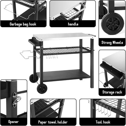 Kendane Grill Cart Table with Three Shelf, Movable Outdoor Dining Cart Pizza Oven Stand with Three Hooks, Kitchen Cart Island Multifunction Food Prep Table (Sliver)