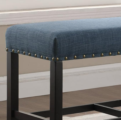 Blue Fabric Counter Height Dining Bench with Nailhead Trim, Ideal for Kitchen Islands and Dining Areas, Durable and Easy to Clean