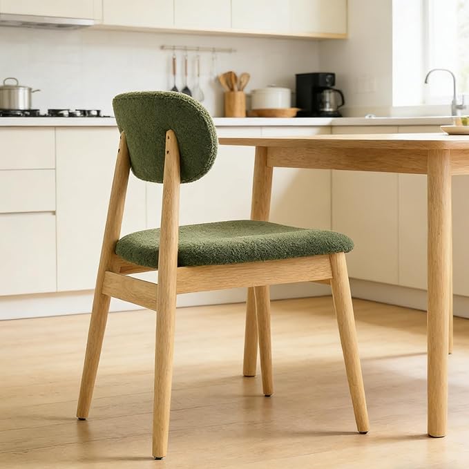 Wooden Dining Chairs Set of 4, Farmhouse Boucle Upholstered Kitchen Chairs, Step-By-Step Video Guide for Assembly, Green