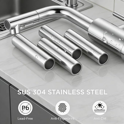 Friho Bar Sink Faucet with Pull Down Sprayer - Lead-Free SUS304 Stainless Steel Single Handle Kitchen Faucet, Brushed Nickel High Arc Kitchen Sink Faucet for Bar, Prep Station, RV & Laundry Room