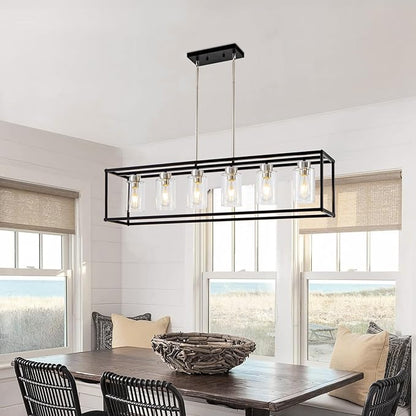 6 Lights Modern Dining Room Light Fixtures Over Table Black & Brushed Nickel Farmhouse Chandeliers Rectangular Pendent Lighting for Kitchen with Glass Shade Linear Hanging Industry Ceiling Light
