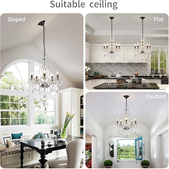 WUZUPS Crystal 5-Light Candle Chandelier Pendant Flushmount Ceiling Light Modern Lighting Fixture for Bedroom Hallway Bar Kitchen Bathroom, H 25" x W 20", Black, E12 Base