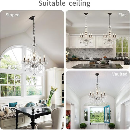 WUZUPS Crystal 5-Light Candle Chandelier Pendant Flushmount Ceiling Light Modern Lighting Fixture for Bedroom Hallway Bar Kitchen Bathroom, H 25" x W 20", Black, E12 Base