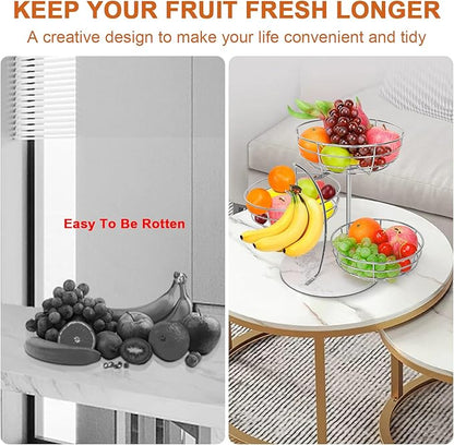 Livabber Fruit Basket Bowl with Banana Hanger, Metal Fruit Vegetable Storage Basket with Banana Holder for Kitchen Counter, Detachable Organizer for Bread Snack Produce (Chrome, 3-Tier Marble Base)