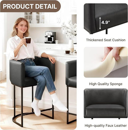24" Counter Height Bar Stools Set of 4, Modern Barrel Counter Stools with Backrest and Arms, Faux Leather Upholstered Accent Barstools with Metal Legs for Kitchen Island,Black