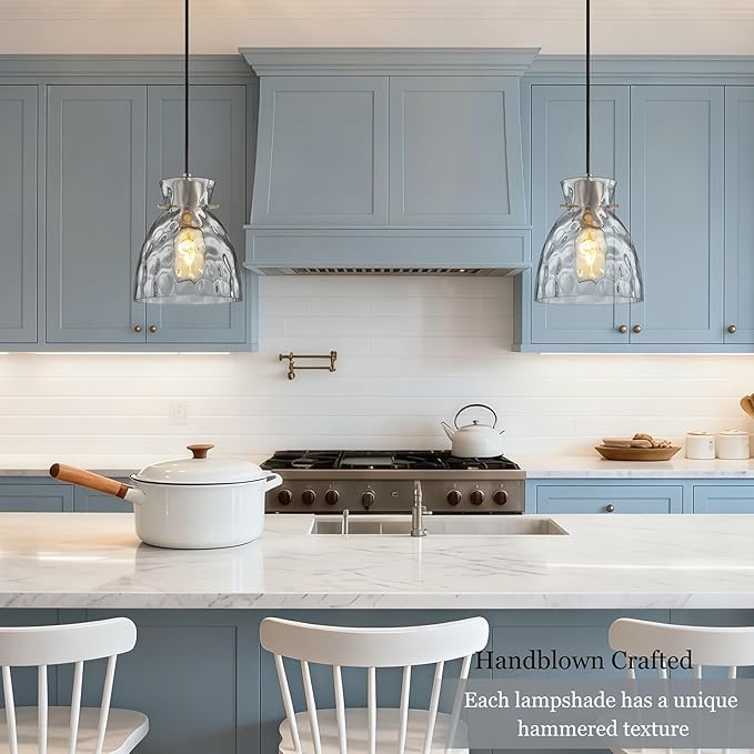 5.9“ Small Brushed Nickel Pendant Lights Kitchen Island, Hammered Glass Pendant Light Fixtures, Adjustable Mini Hanging Lights Kitchen Pendant Lighting over Island Sink Bathroom Dining Room Bedroom