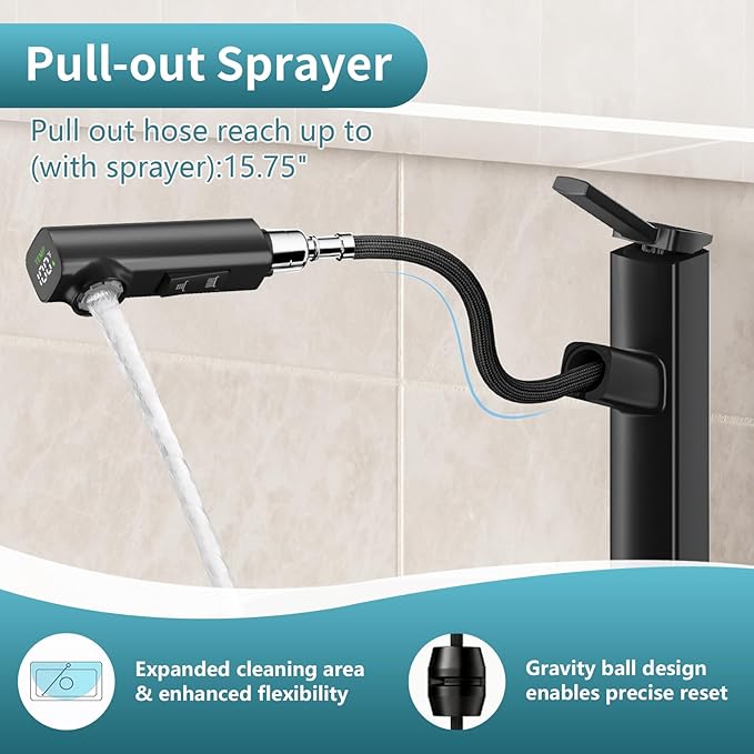 HANLIAN Single Handle Vessel Sink Faucet with Pull Out Sprayer, Tall Single Hole Bathroom Faucet with Digital Temperature Display, 3 Modes High Bathroom Vanity Faucets 1 Hole with Rotating Spout