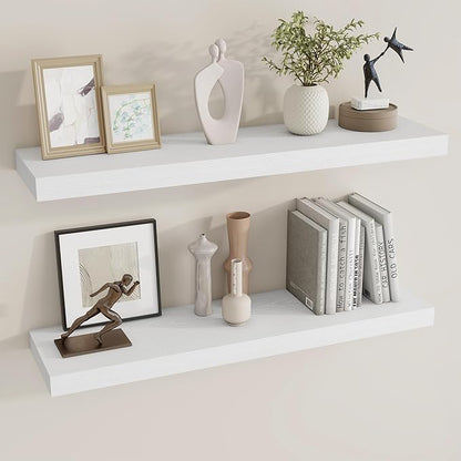 Dreamland 36 Inch Long Floating Shelves in White,8 Inch Deep Floating Shelf for Wall,Large Display & Storage Shelf, Wall Shelf for Bathroom Bedroom Living Room Kitchen Office，Set of 2