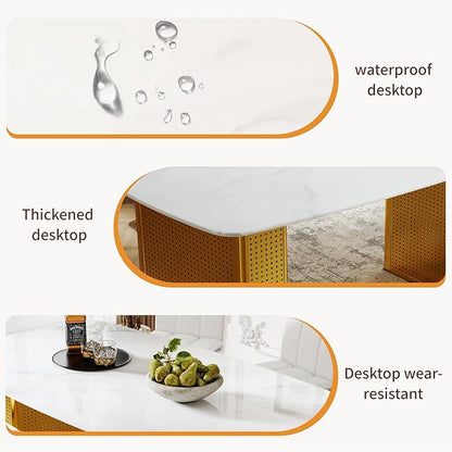 Contemporary Gold Dining Table with Marble Look Glass Top, Unique Rectangular Design, Dual Base Metal Frame, Stable & Stylish 6-8 Person Kitchen Table, Perfect for Modern Dining Room or Office Space