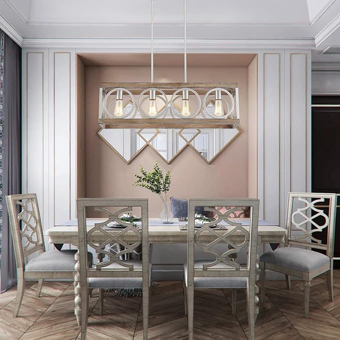 XINGQI 31.5" Farmhouse Dining Room Chandeliers, Large Rectangle Vintage Hanging 4-Light Kitchen Island Lighting,Fixture Rustic Metal Pendant Light, Antique Wood Grain