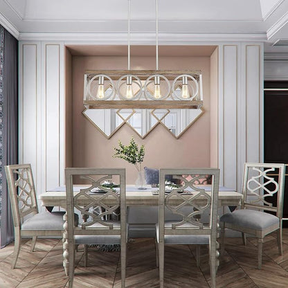 XINGQI 31.5" Farmhouse Dining Room Chandeliers, Large Rectangle Vintage Hanging 4-Light Kitchen Island Lighting,Fixture Rustic Metal Pendant Light, Antique Wood Grain