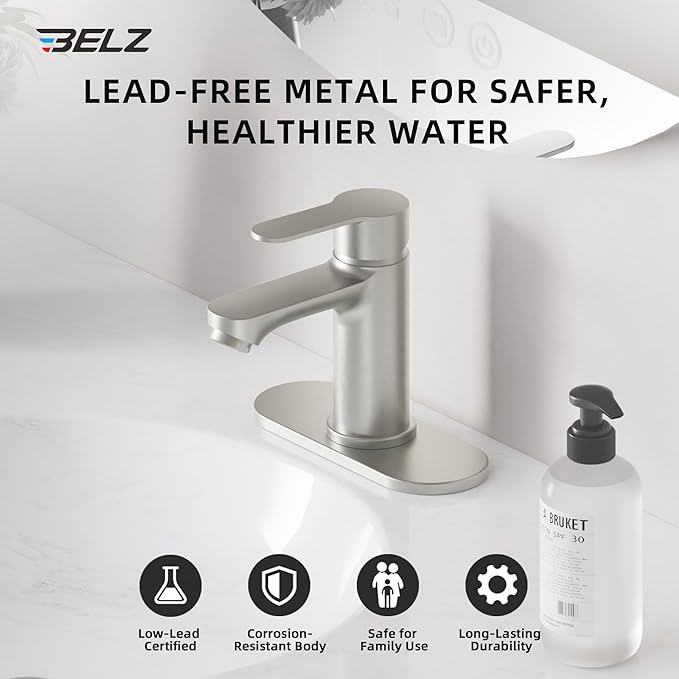 BELZ Bathroom Faucet, Single Handle Matte Black Sink Faucet for 1 or 3 Hole Installation, Modern Lead-Free Metal Vanity Faucet with Pop-Up Drain & Supply Hoses (Brushed Nickel)