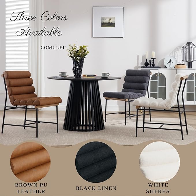 Modern Upholstered Dining Chairs Set of 2, Black Linen Dining Room Chairs with Tufted Back & Cushion, Comfy Armless Kitchen Chairs with Black Metal Legs for Dinner Living Room
