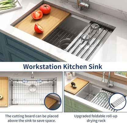 LQS 28 Inch Undermount Kitchen Sink, 28" x 18" x 10" Deep Single Bowl Kitchen Sink, 16 Gauage Stainless Steel Material, Workstation Ledge With R10 Round Corner And Abundant Accessories