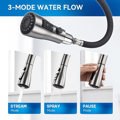 Arofa Kitchen Faucet with Pull Down Sprayer, Brushed Nickel Kitchen Sink Faucet 1-3 Hole Single Handle High Arc Stainless Steel Commercial Modern Kitchen Faucets for RV/Laundry/Outdoor/Bathroom Sink