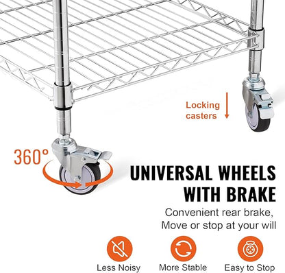 VEVOR Kitchen Utility Cart, 36.6"x20"x24" 3 Tiers Wire Rolling Cart, 470LBS Capacity Steel Service Cart with Brake Wheels, Storage Trolley with 76mm Basket PP Liner 6 Hooks, for Indoor & Outdoor Use
