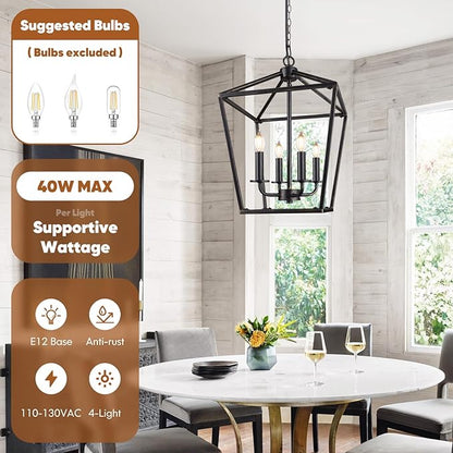 Farmhouse Chandelier 4-Light, Black & Gold Pendant Light Fixture for Kitchen Island Dining Room, Lantern Industrial Lighting Ceiling Hanging with Metal Cage Adjustable Height for Entryway Foyer