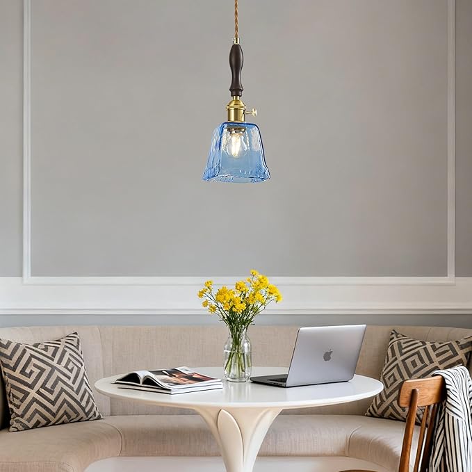 Blue Glass Vintage Pendant Light Height Adjustable Handmade Glass Pendant Lights Kitchen Island Gold Hanging Light Fixture with Wood Handle for Bedroom Dining Room Hotel (2 Pack)