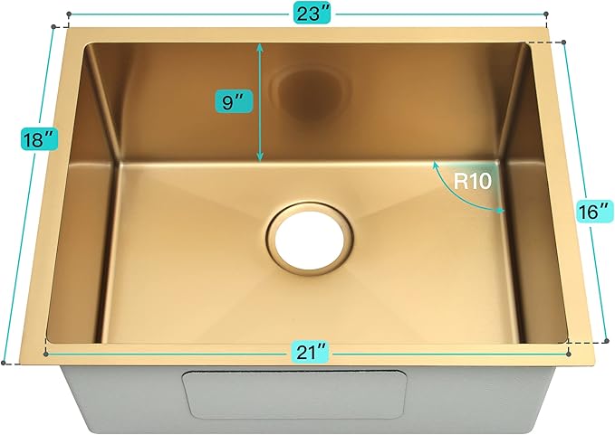 Gold Kitchen Sink,Undermount Kitchen Sink 23 X 18 inch,Single Bowl 16 Gauge Stainless Steel Undermount Sinks