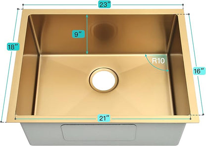Gold Kitchen Sink,Undermount Kitchen Sink 23 X 18 inch,Single Bowl 16 Gauge Stainless Steel Undermount Sinks