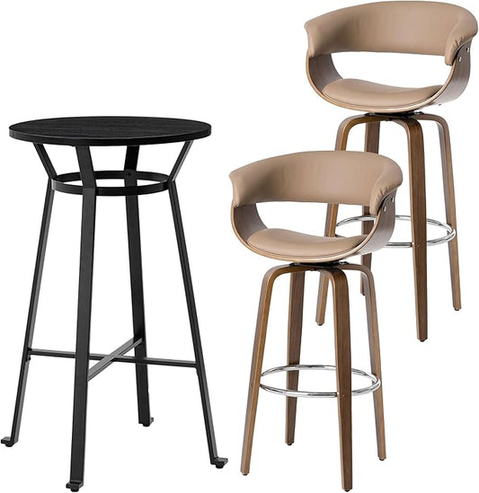 Glitzhome Bar Table and Chairs, Brown PU Leather Adjustable Swivel Bar Stools Set of 2, Round Black Cocktail Pub Table for Kitchen Island Bistro Office Living Room Dining Room Small Space Restaurant