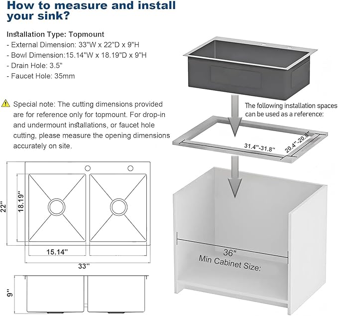 33" x 22" x 9" Drop-In Double Bowl Kitchen Sink, Topmount Stainless Steel with Satin Finish, Soundproofing & Protective Bottom Grid