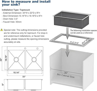 33" x 22" x 9" Drop-In Double Bowl Kitchen Sink, Topmount Stainless Steel with Satin Finish, Soundproofing & Protective Bottom Grid