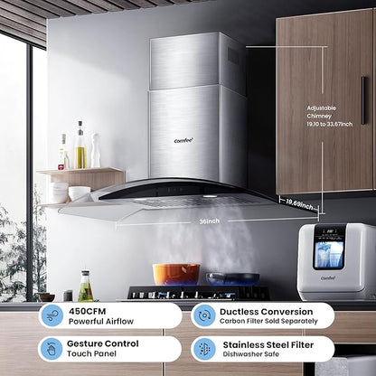 COMFEE' Curved Glass Range Hood 36 Inch 450 CFM 3 Speed Gesture Sensing &Touch Control Panel Stainless Steel Kitchen Ductless/Ducted Convertible with Baffle Filters and 2 LED Lights (CVG36W9AST)