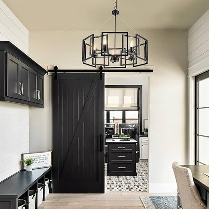 Industrial Style Chandelier, with Matt Black Finish Geometric Shade Pendant Lighting Fixture for Dining Room Living Room Kitchen Island Bedroom 5-Light
