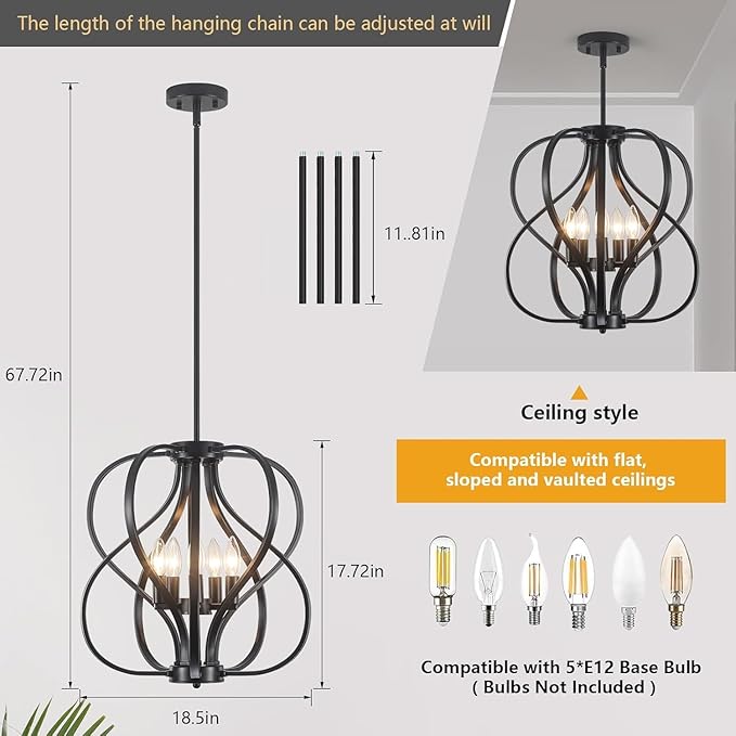 18.5 inch Modern Farmhouse Chandelier for Dining Room, 5-Light Black Chandelier with Metal Cage Adjustable Industrial Drum Hanging Pendant Lights for Kitchen Island Entryway Hallway Bedroom Foyer