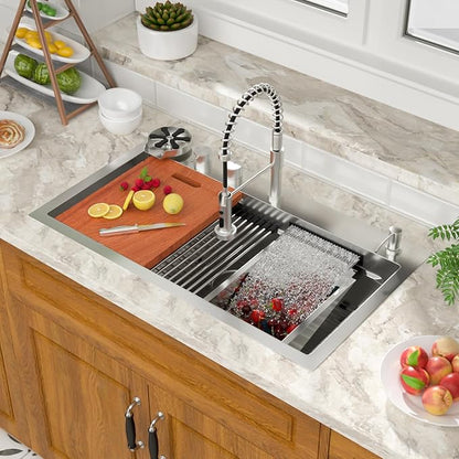 Mocoloo 33 Inch Honeycomb Waterfall Kitchen Sink Drop in, 33x19 Inch Stainless Steel Workstation Sink 16 Gauge Topmount Single Bowl Sink with Complete Kit