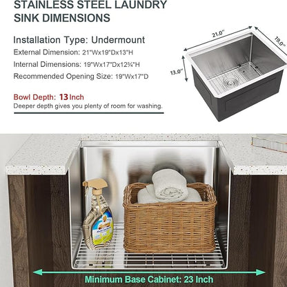 21 Laundry Sink Stainless Steel - Lordear 21" x 19" x 13" Deep Bowl Undermount Sink Ledge Workstation 16 Gauge Stainless Steel Handmade Utility Laundry Room Kitchen Sink Basin