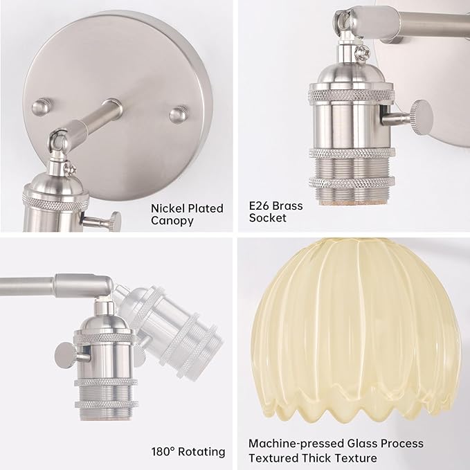 Shenmoyl Vintage 5000 mAh Battery Operated Wall Sconce with Cream Tulip Glass Lampshade Rechargeable Battery Powered Wall Light with Remote Control for Bedroom Doorway, Set of 2