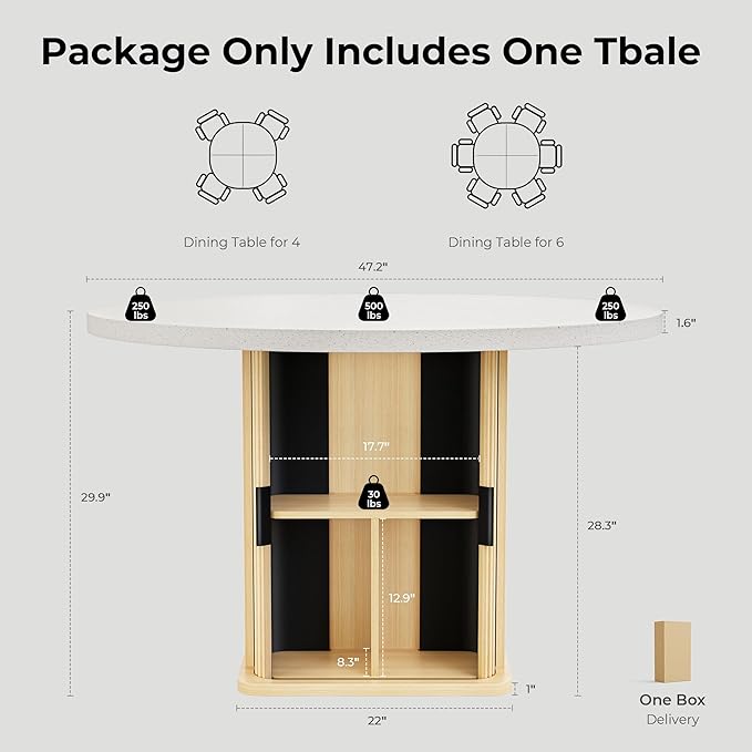 IRONCK 47 Inch Round Dining Table for 4, Modern Farmhouse Kitchen Table with Storage Shelf and Quartz Top, Circle Dinner Table with Wooden Base and Wood Slide Doors for Kitchen Dining Room, Oak