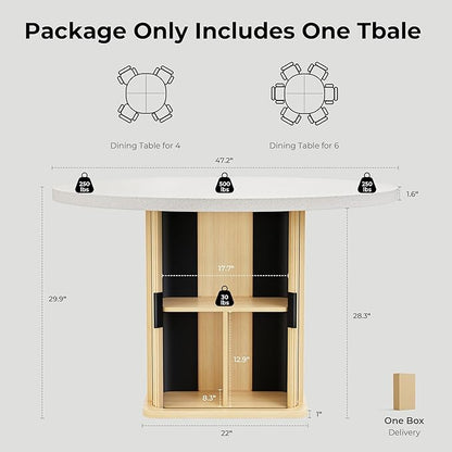 IRONCK 47 Inch Round Dining Table for 4, Modern Farmhouse Kitchen Table with Storage Shelf and Quartz Top, Circle Dinner Table with Wooden Base and Wood Slide Doors for Kitchen Dining Room, Oak